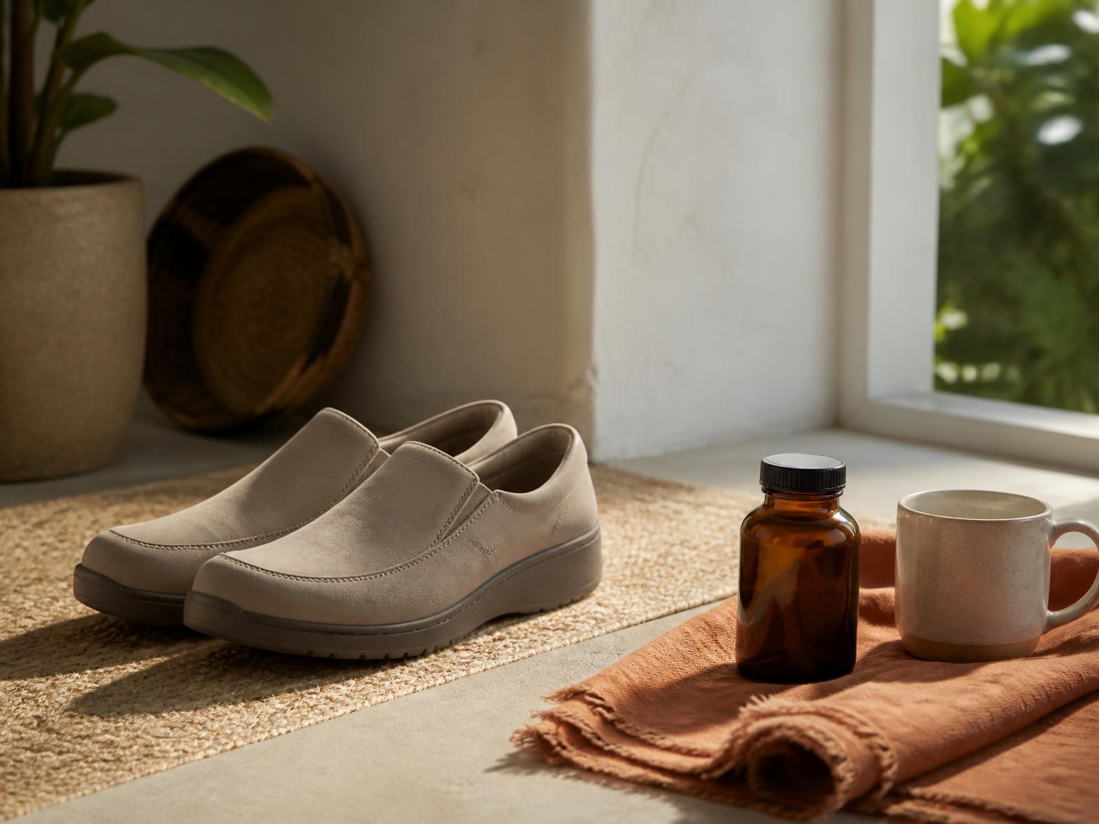 Supportive slip-on shoes, a linen throw and a wellness bottle in warm daylight